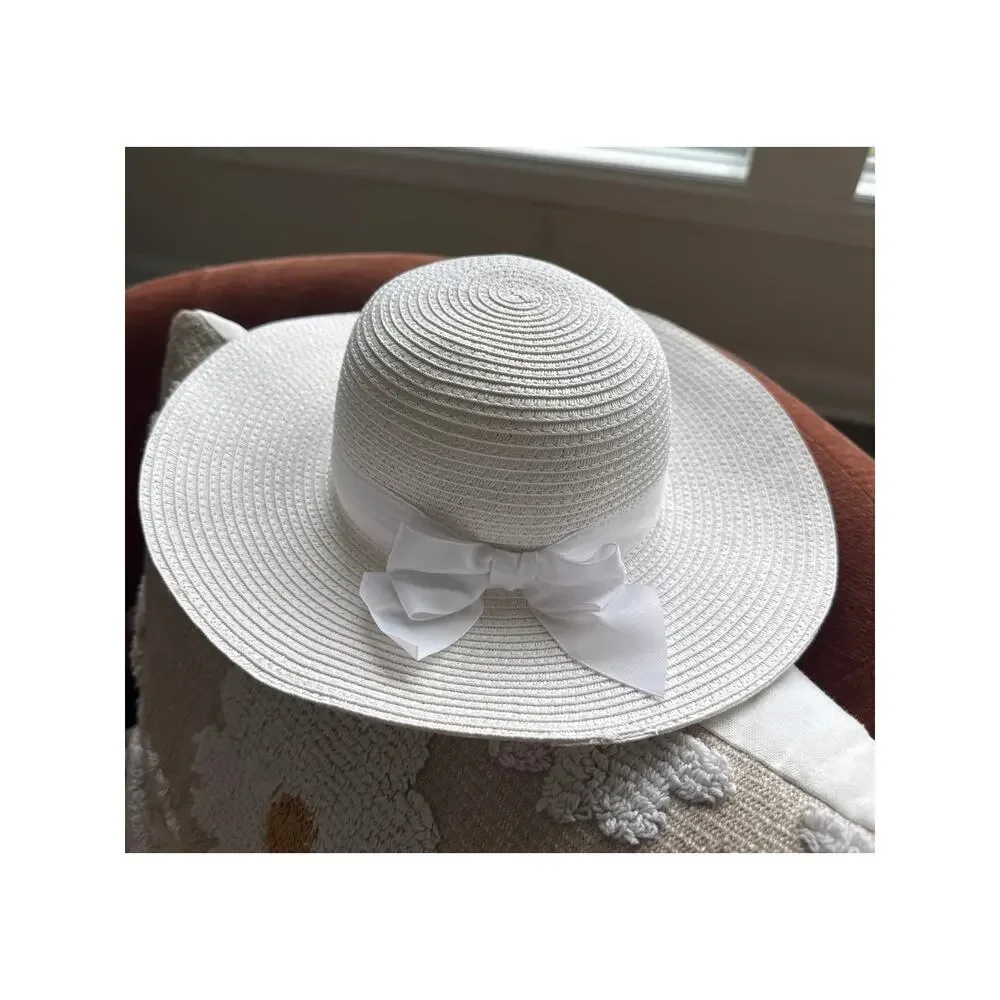 Janie and Jack Girls White Straw Sun Hat Bow Accent Size 2T To 3 Toddlers Easter